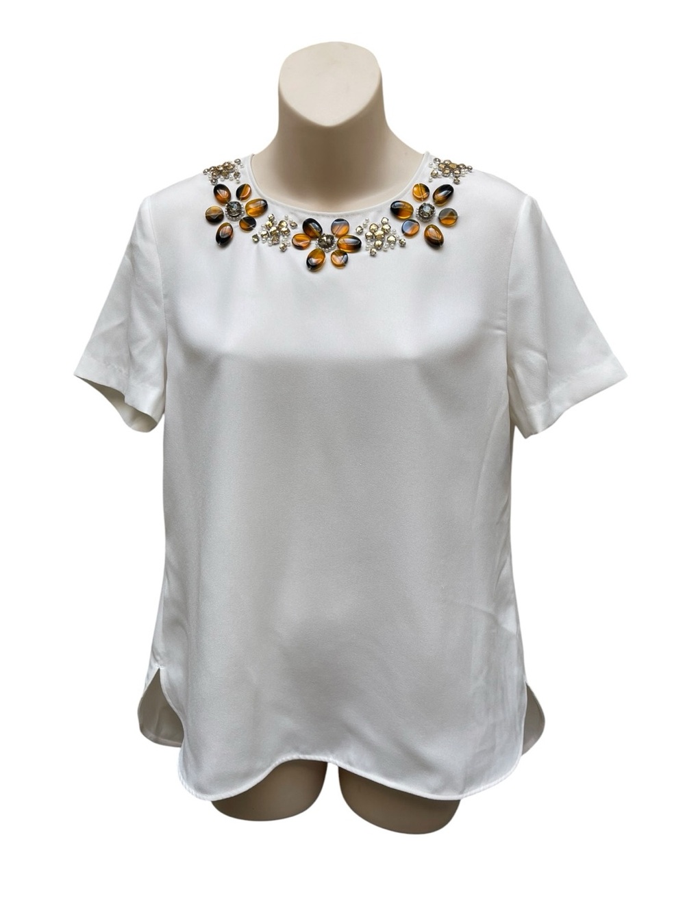 Ann Taylor White Jeweled Blouse Short Sleeve Top Embellished Size S